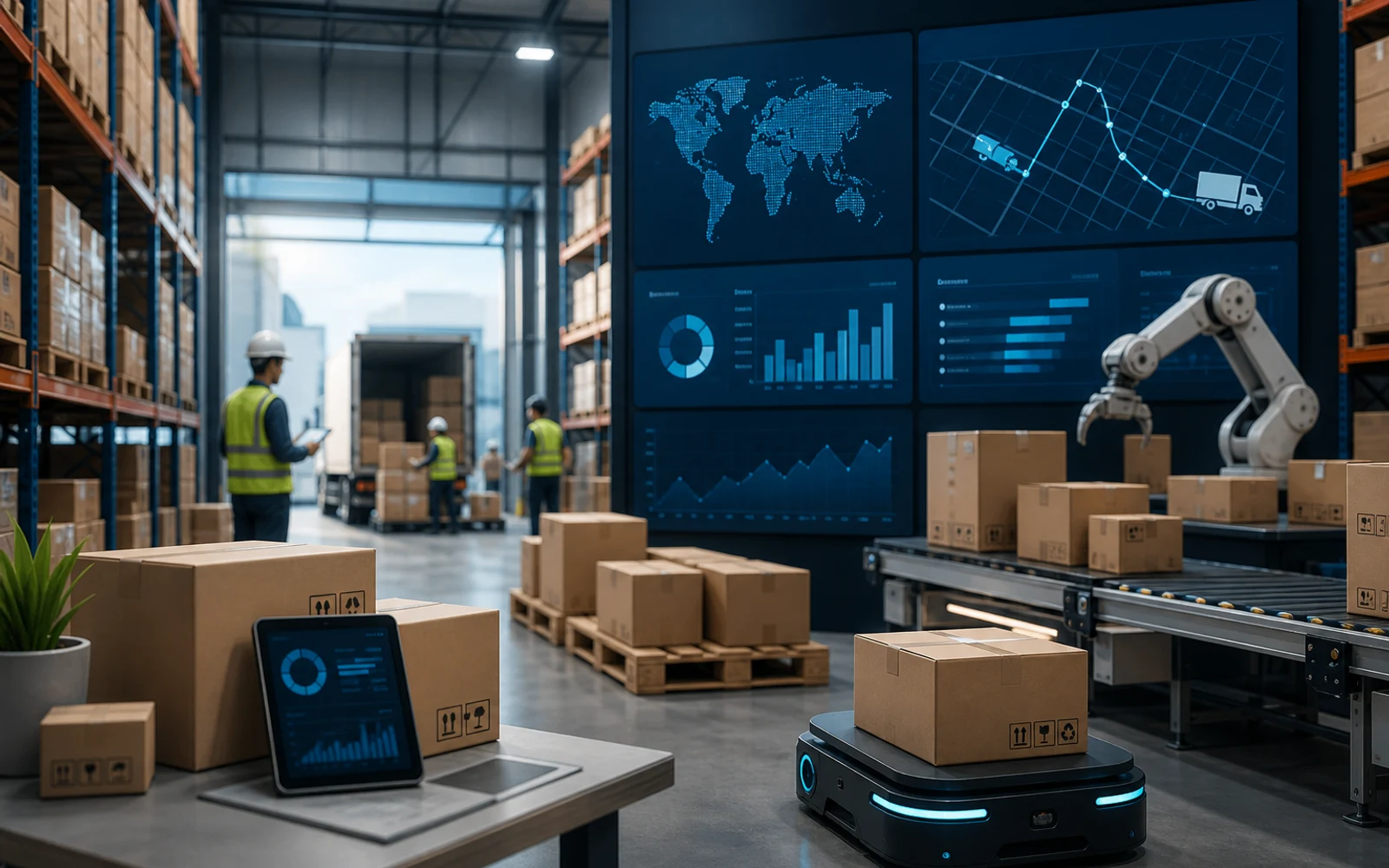 Centro logístico moderno con tecnología digital y gestión de inventarios para ecommerce