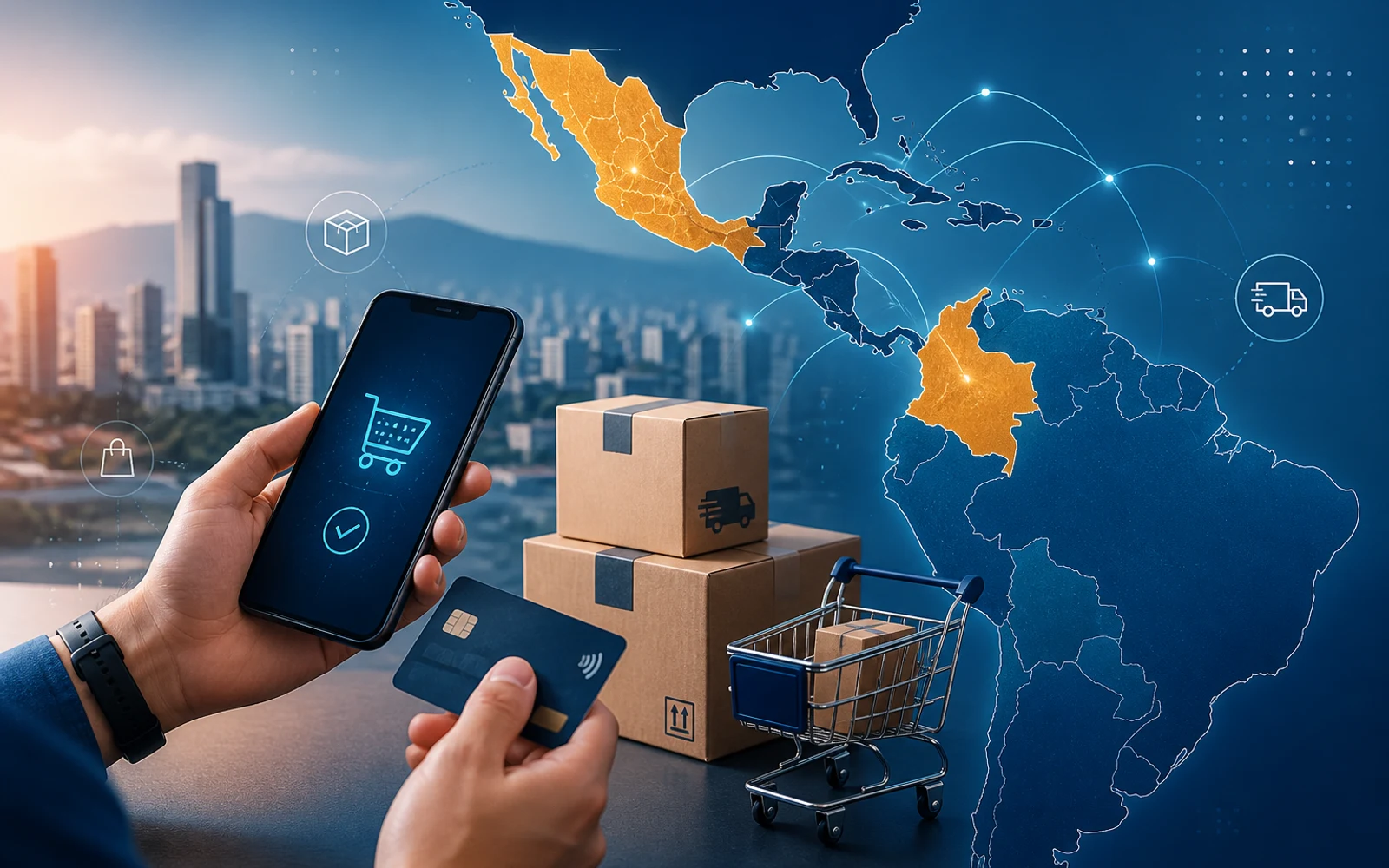 Concepto visual de ecommerce en Latinoamérica con pagos digitales y logística