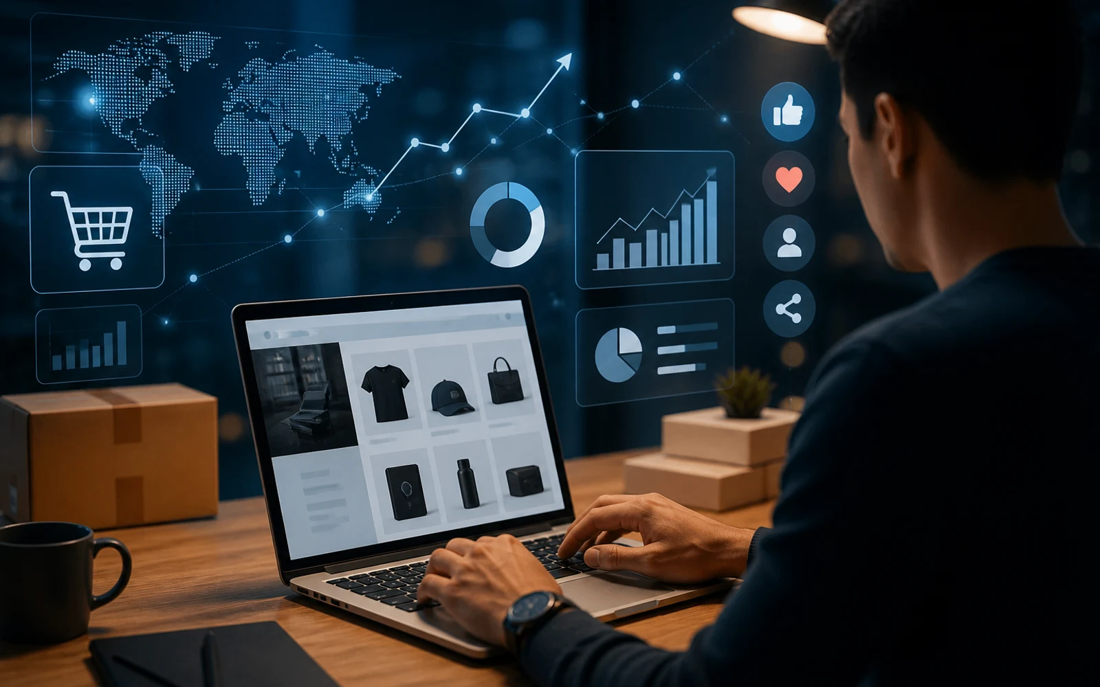 Operador de ecommerce usando herramientas digitales modernas para gestionar tienda online