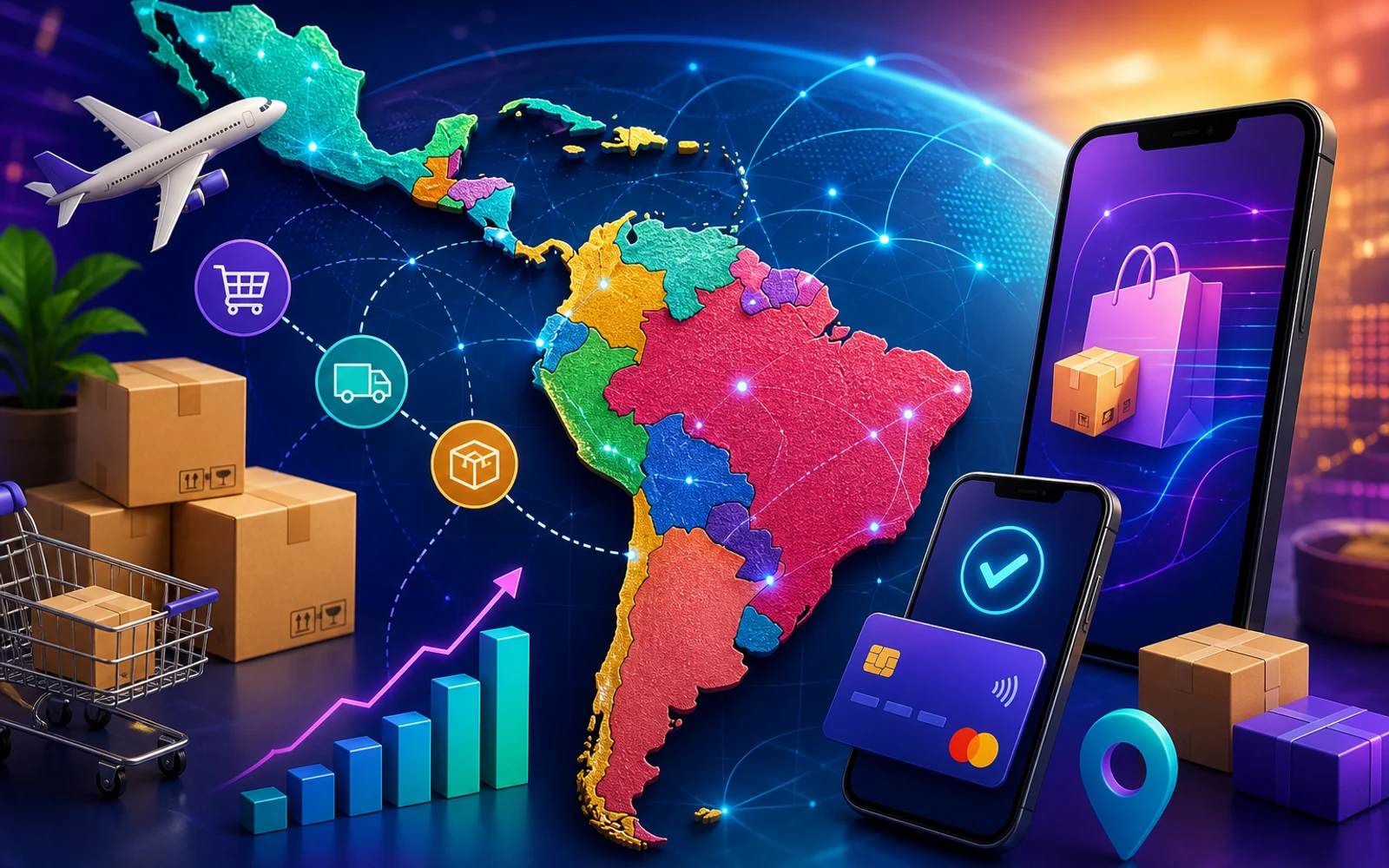 Concepto visual de ecommerce y tecnología en Latinoamérica con mapas y dispositivos