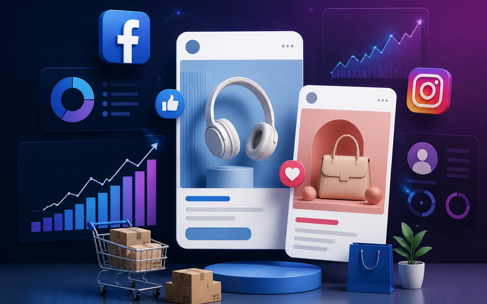 Representación gráfica de anuncios digitales en Facebook e Instagram con métricas y creatividad para ecommerce