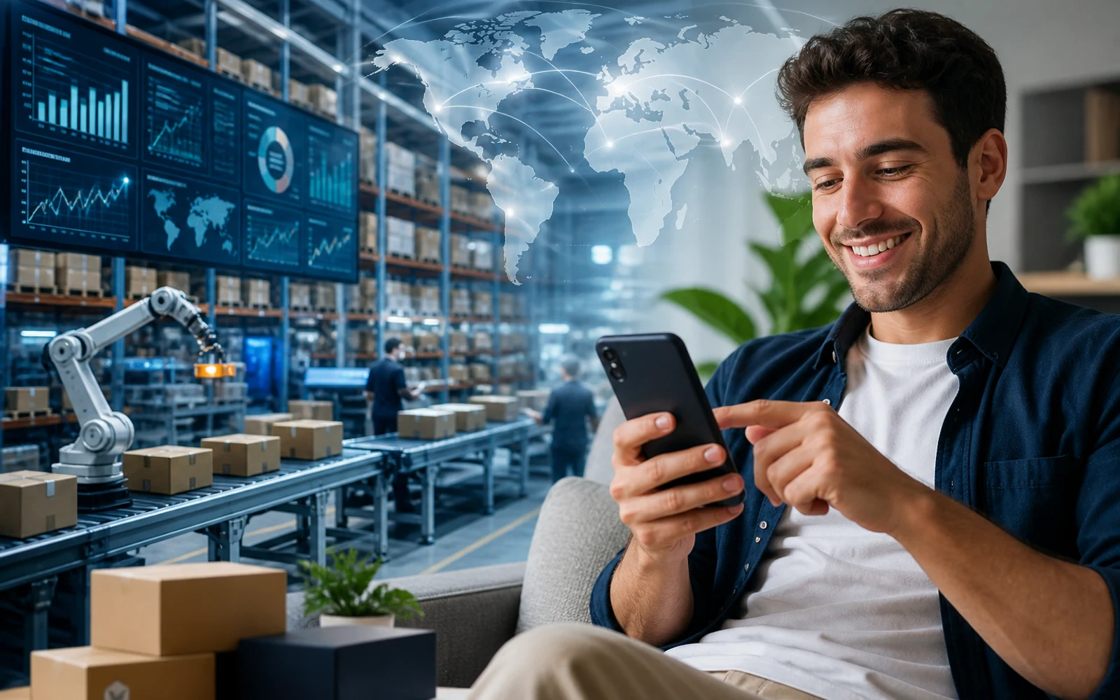 Almacén tecnológico y cliente usando app de ecommerce, simbolizando estrategia DTC