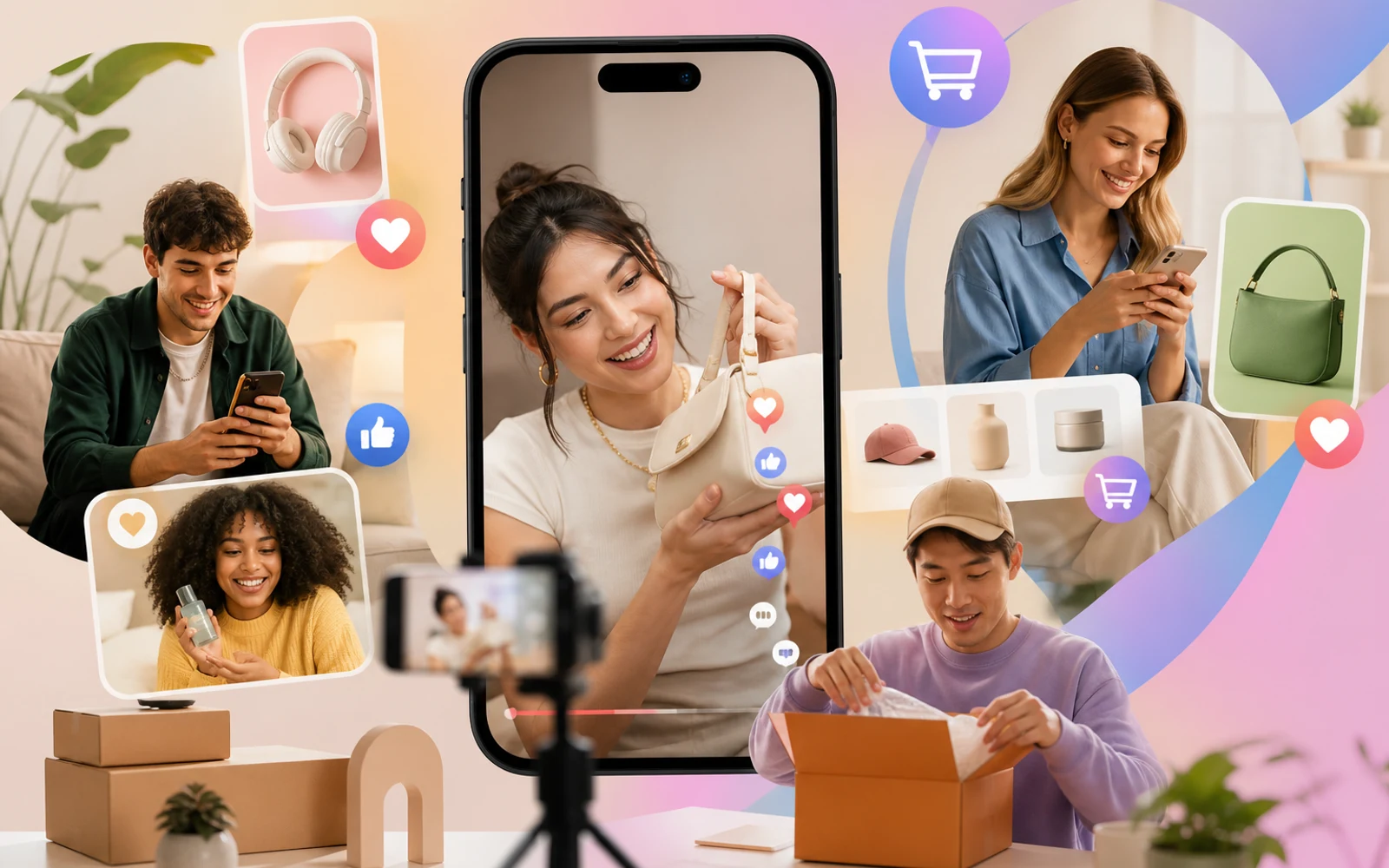 Personas interactuando con dispositivos móviles en un entorno dinámico que refleja el contenido UGC y social commerce en TikTok Ads.