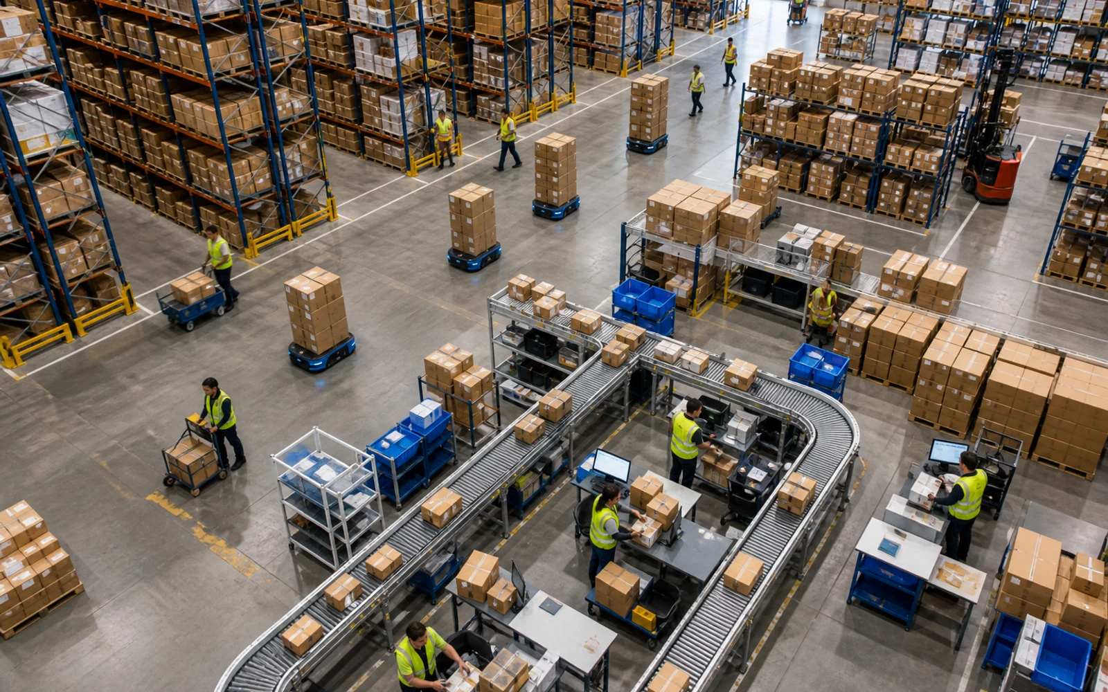 Centro de distribución moderno con estantes y trabajadores organizando paquetes para ecommerce