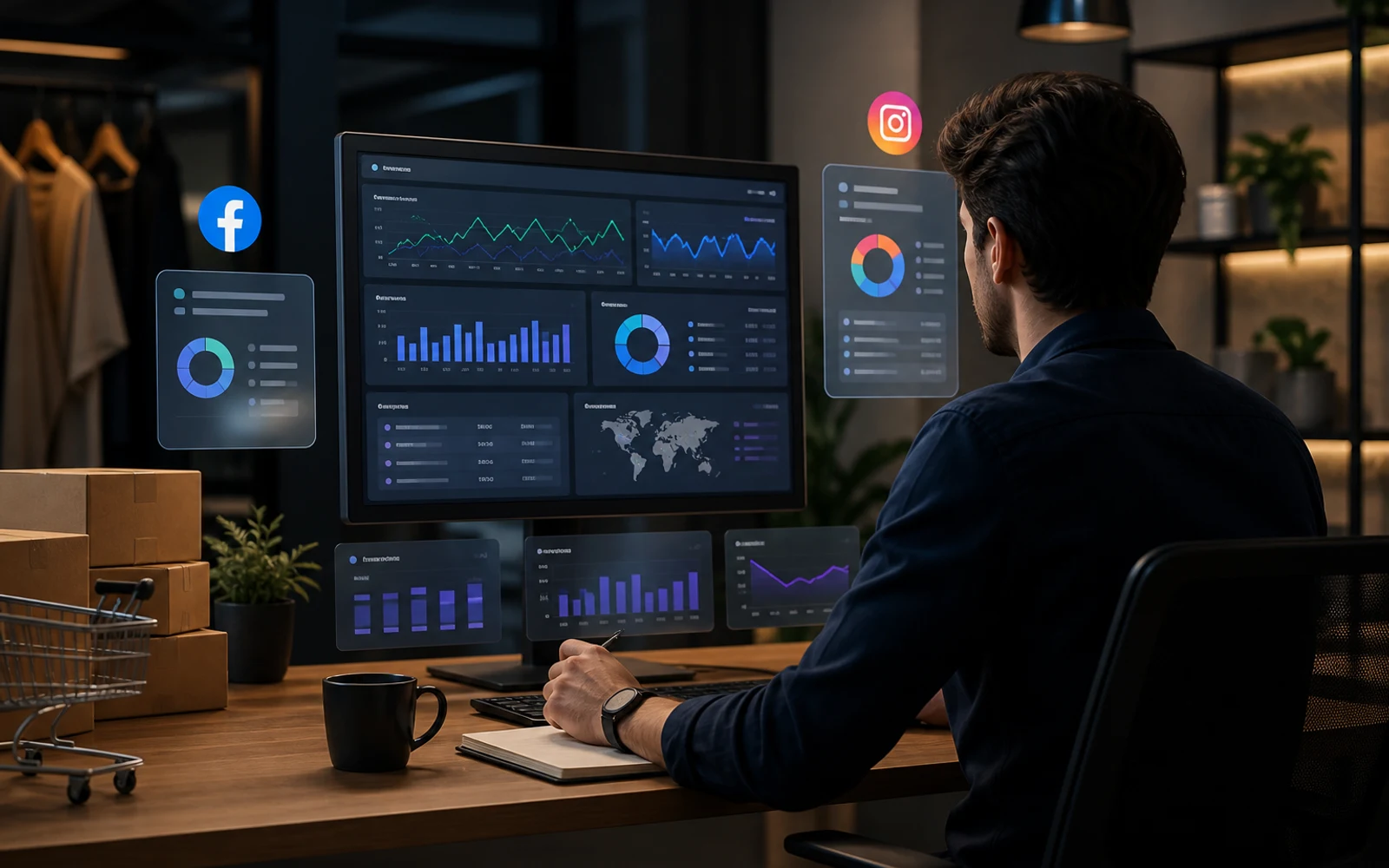 Operador de ecommerce analizando datos de campañas digitales en pantalla con gráficos de Facebook e Instagram Ads