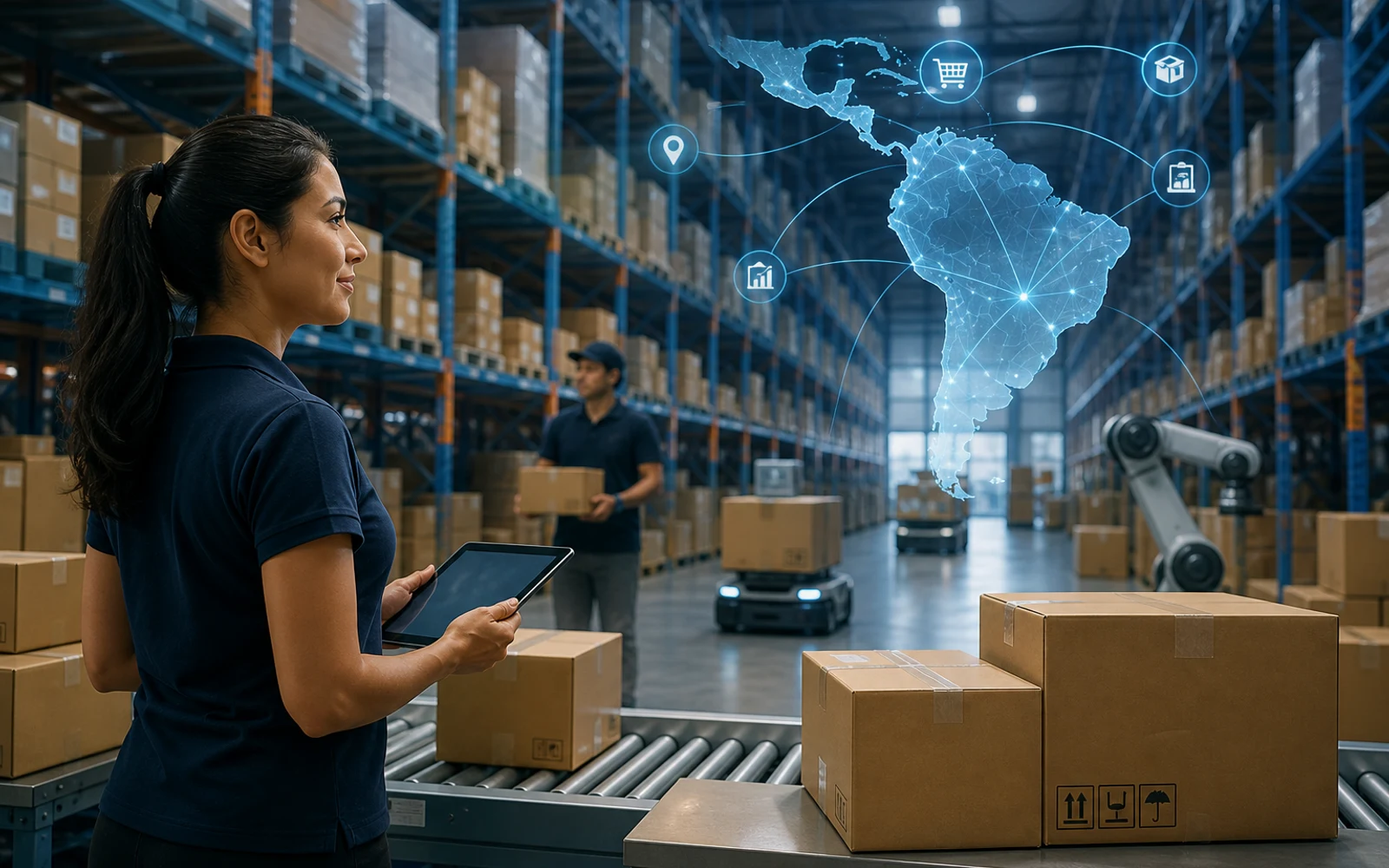 Almacén moderno con tecnología digital y paquetes para ecommerce
