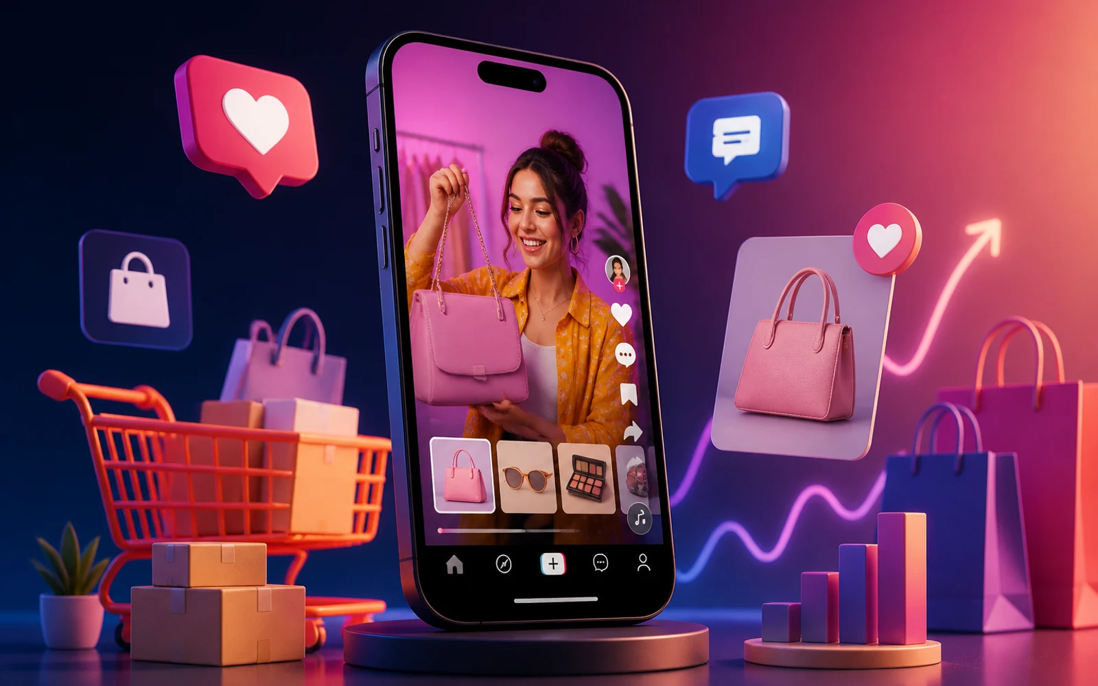 Smartphone mostrando contenido de TikTok ads con ecommerce y social commerce visuales