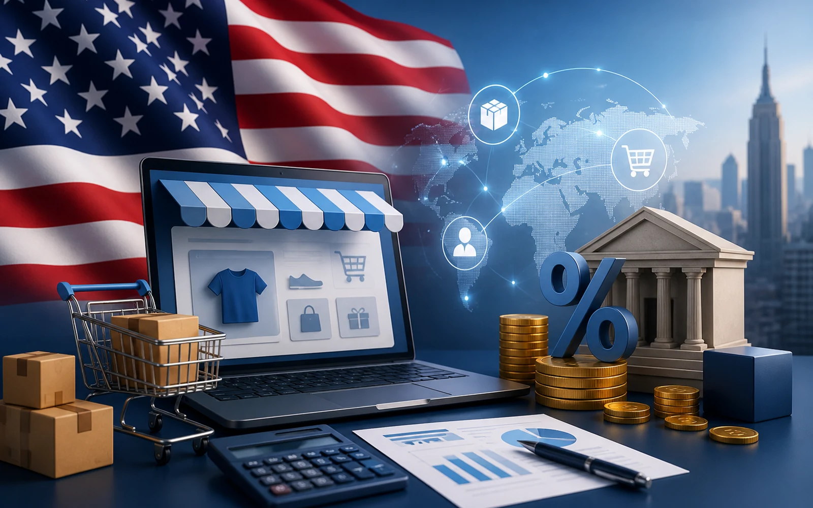 Ilustración de ecommerce y regulación fiscal en EE.UU.
