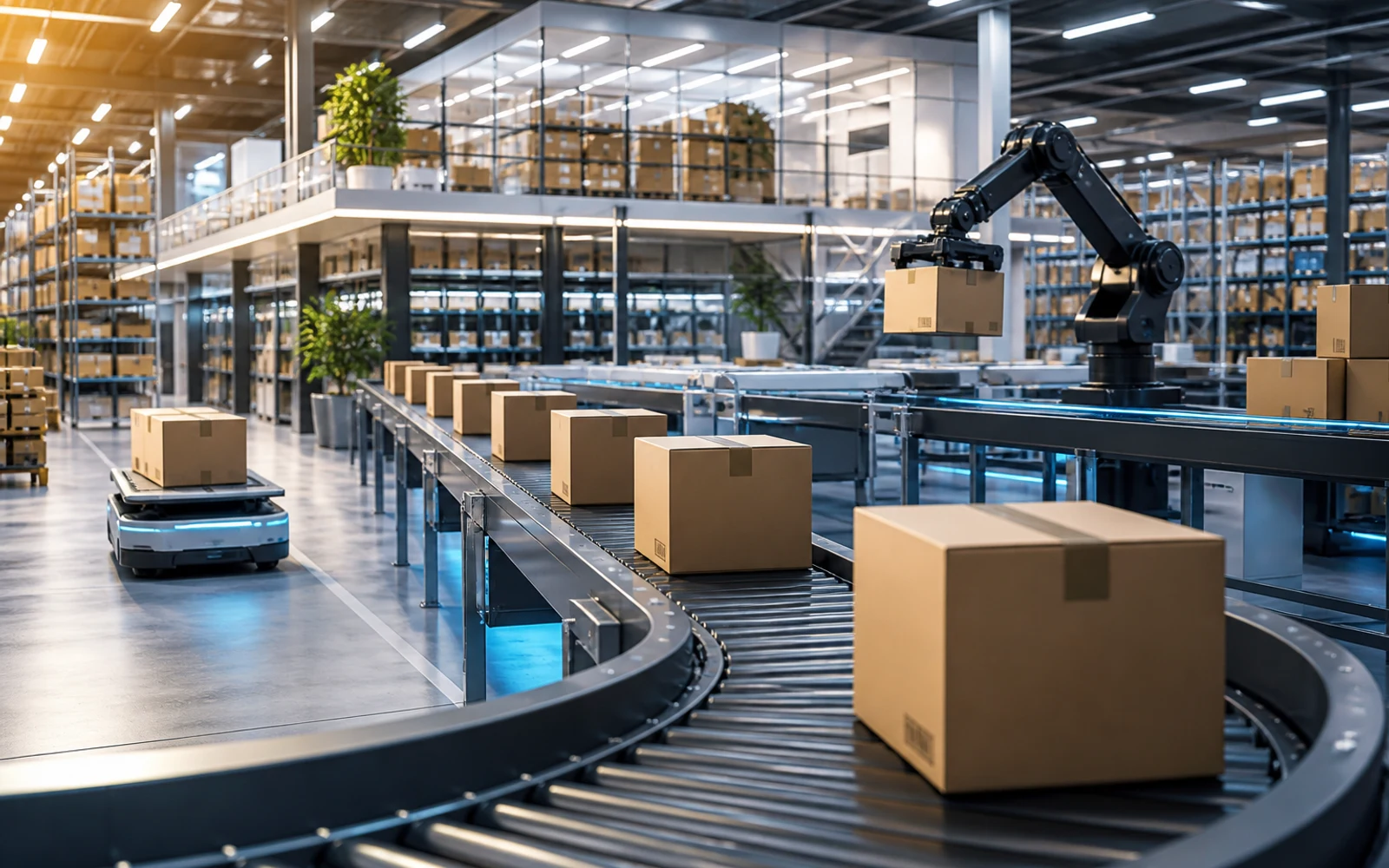 Centro de fulfillment moderno con operaciones automatizadas y cajas listas para envío